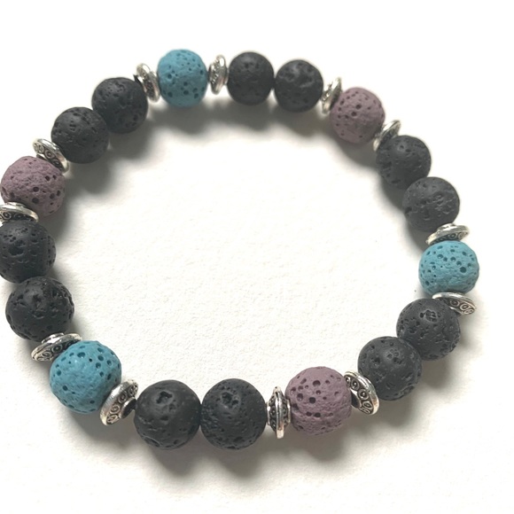 black lava bead bracelet with blue and purple - Picture 2 of 2